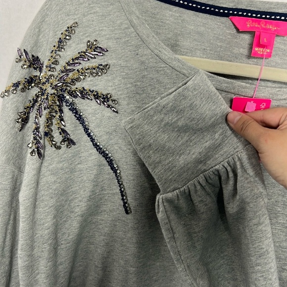 NWT Lily Pulitzer Tippie Sweatshirt Embellished Heathered Seaside Gray Large - Picture 5 of 6